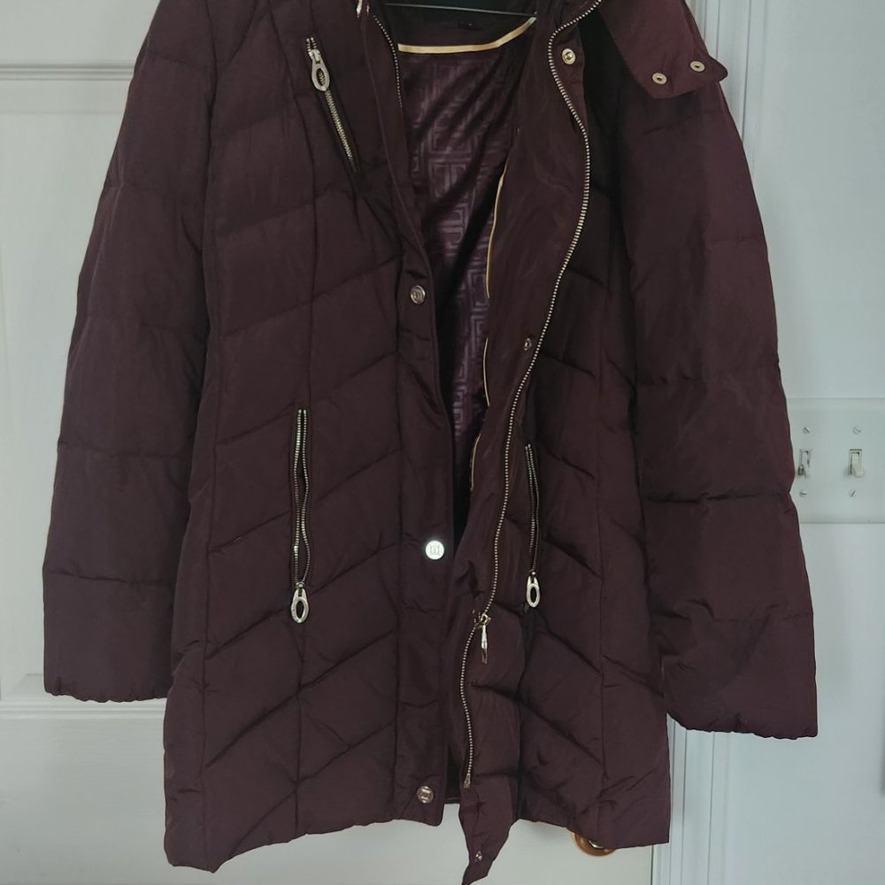 New Ivanka Trump Hooded Long Winter Coat Women Parka Purple Maroon Petite XS